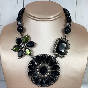 Premier Designs Necklace Black Green Beads Flower Brooch Rhinestone Crochet